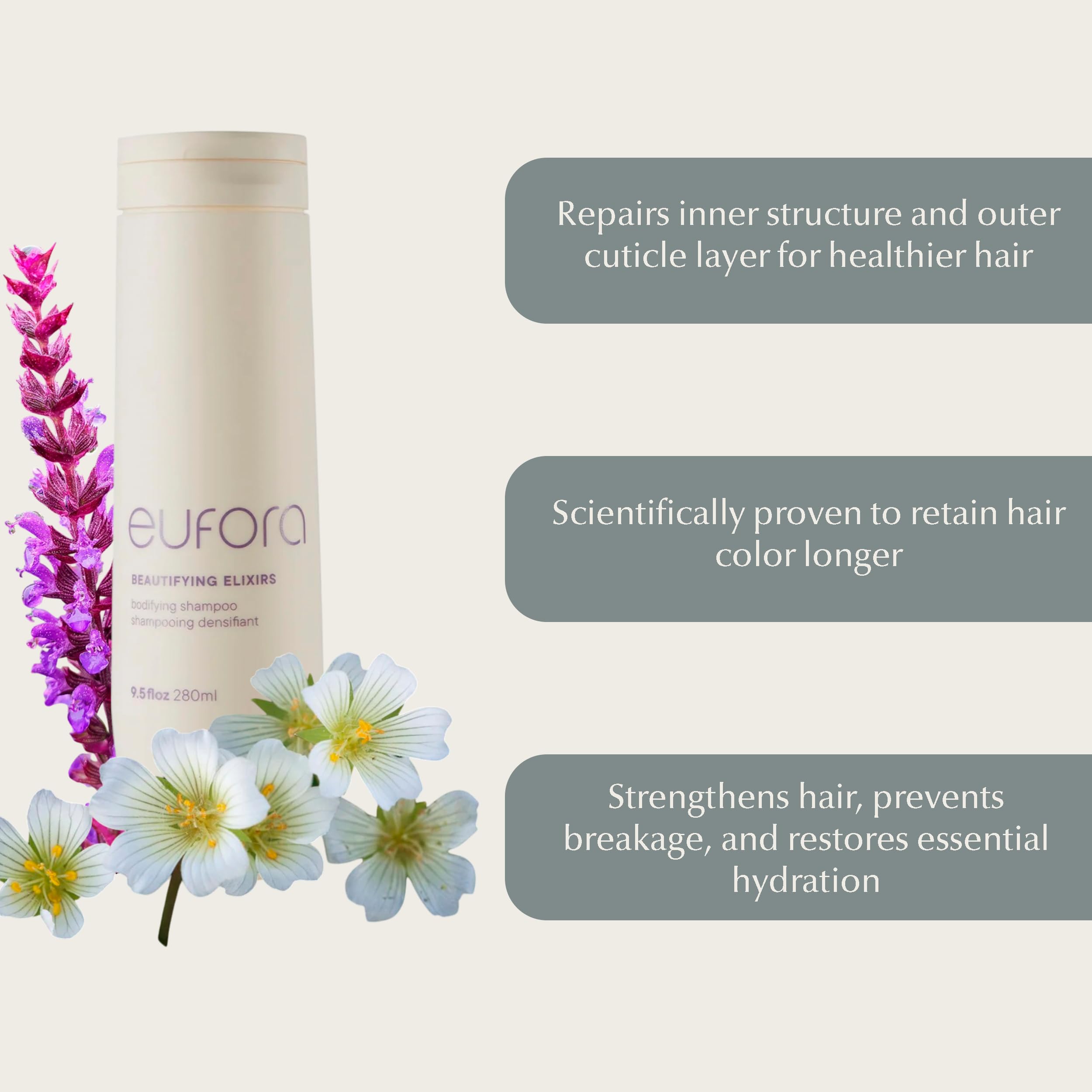 Eufora Beautifying Elixirs Bodifying Shampoo lather close-up highlights moisture and shine