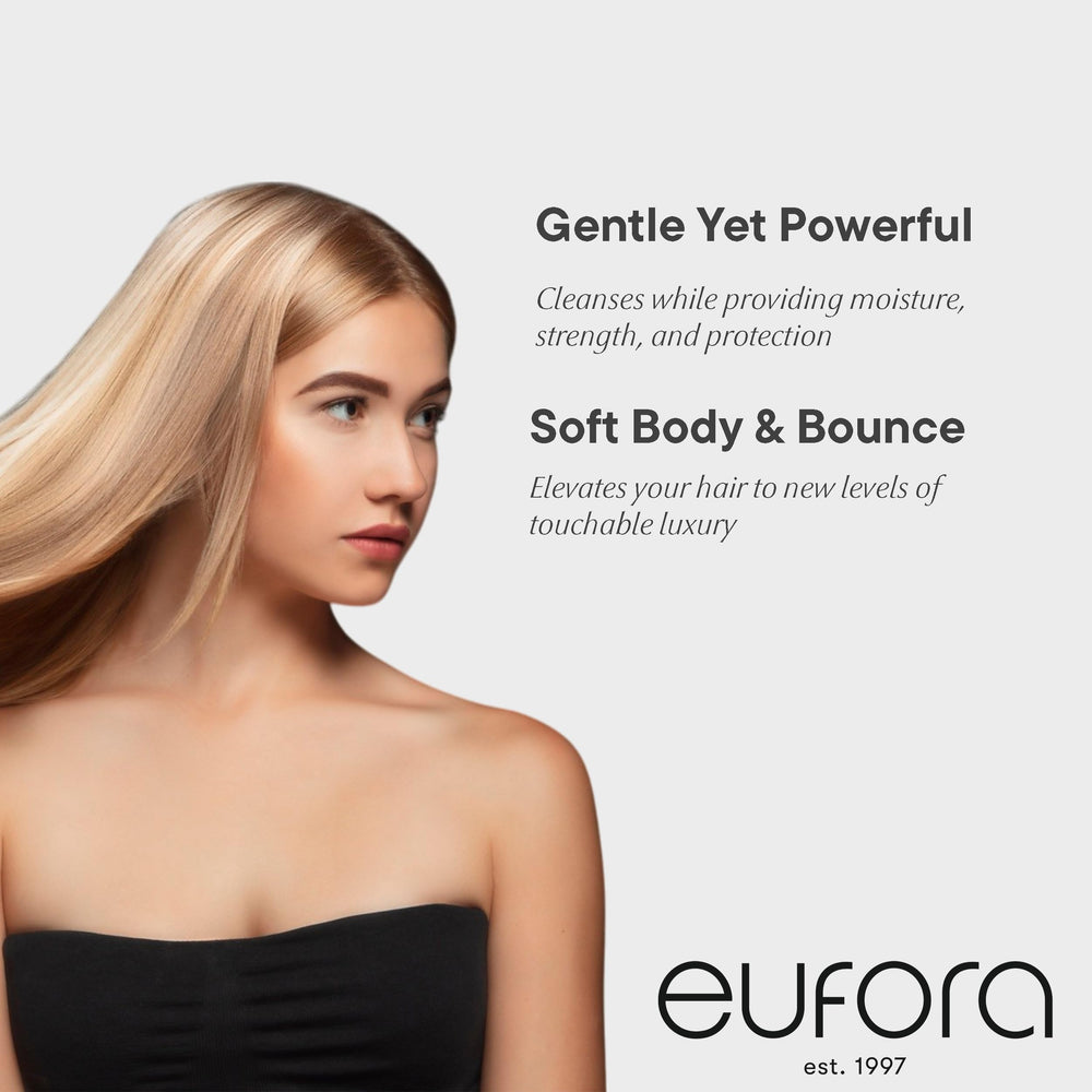 Eufora Bodifying Shampoo pour shows smooth lather for gentle cleansing and color care