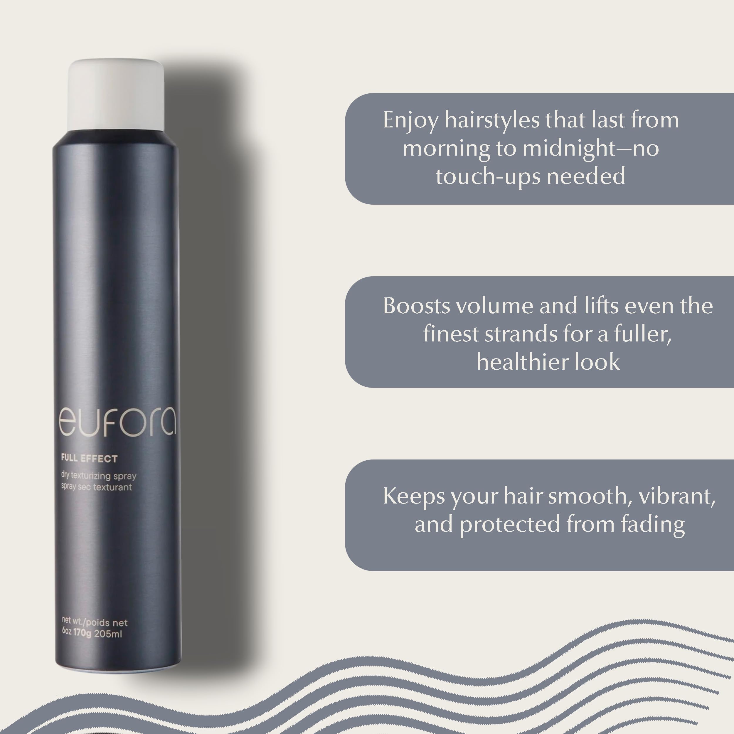 Eufora Full Effect color-protection spray preserves vibrancy while adding texture and lift.