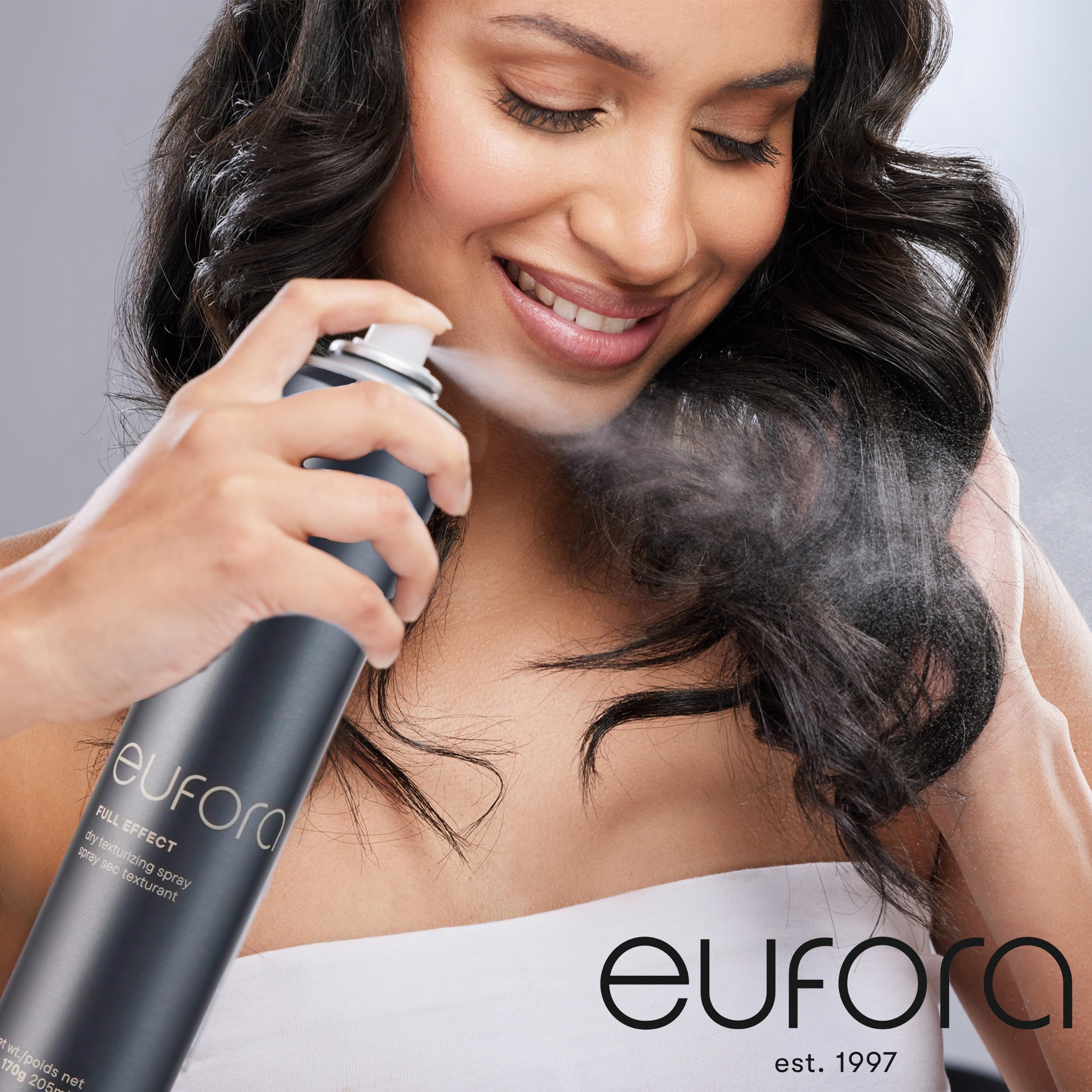 Eufora Full Effect Texturizing Spray volume image showing all-day hold and body.