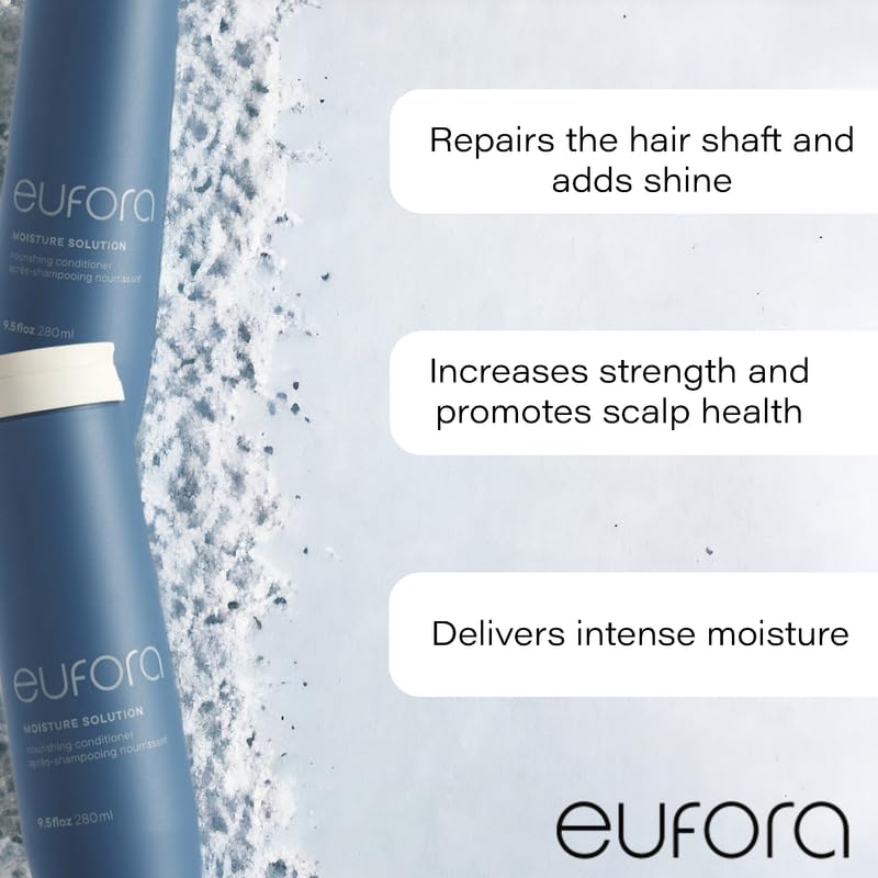 Eufora Moisture Solution Nourishing Conditioner in use for detangling and silky-smooth curls.