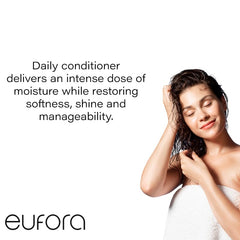Eufora Moisture Solution Nourishing Conditioner on hair for added shine and resilience.
