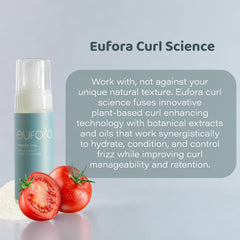 Eufora Perfect Curl Defining Solution visible frizz control and shine.