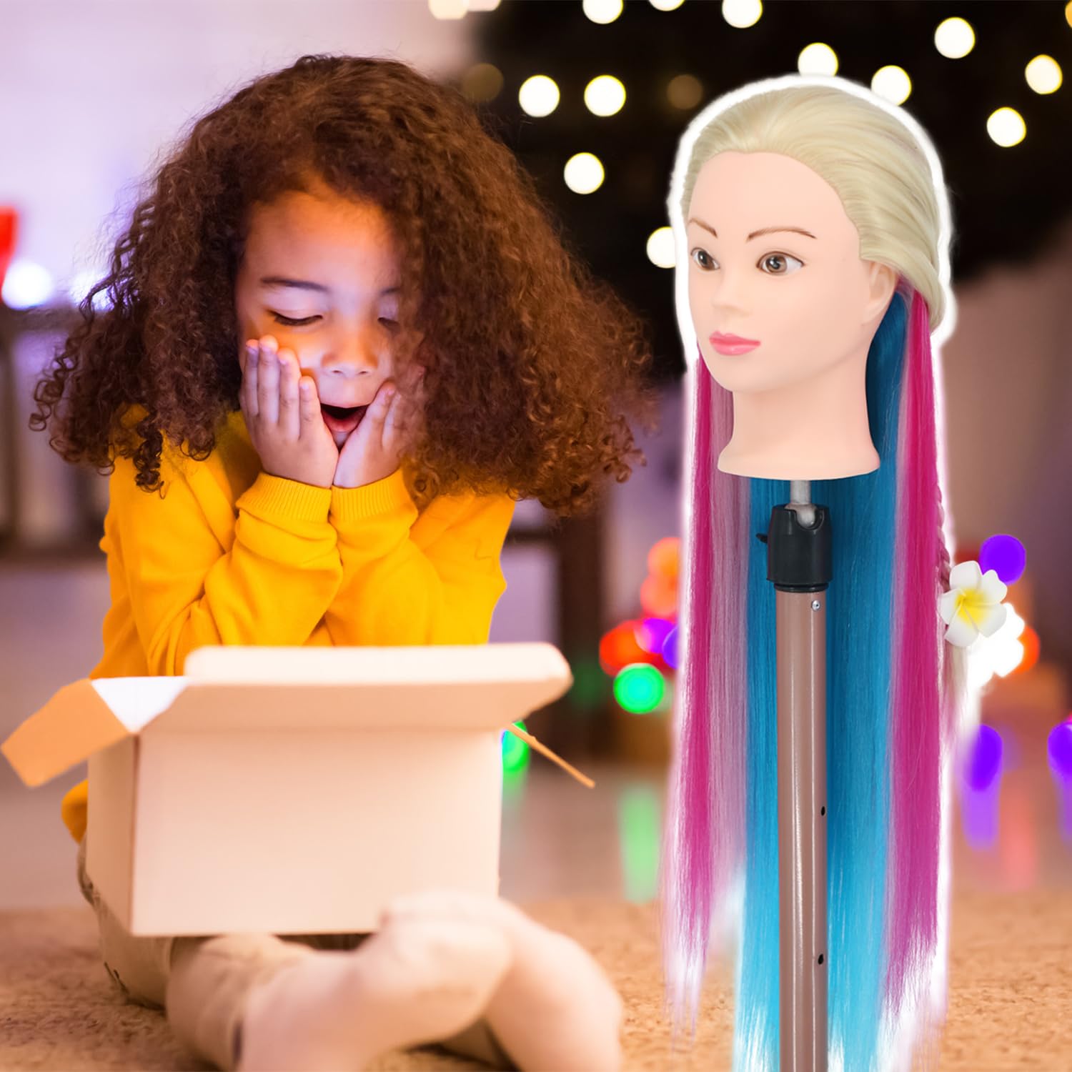 Eumos colorful hair mannequin head adds visual appeal during training