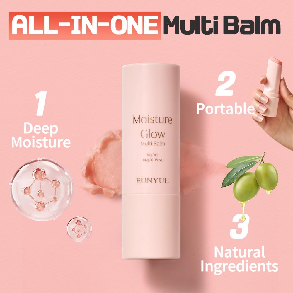 EUNYUL Moisture Glow Multi Balm Stick on lips delivers nourishing moisture and shine.