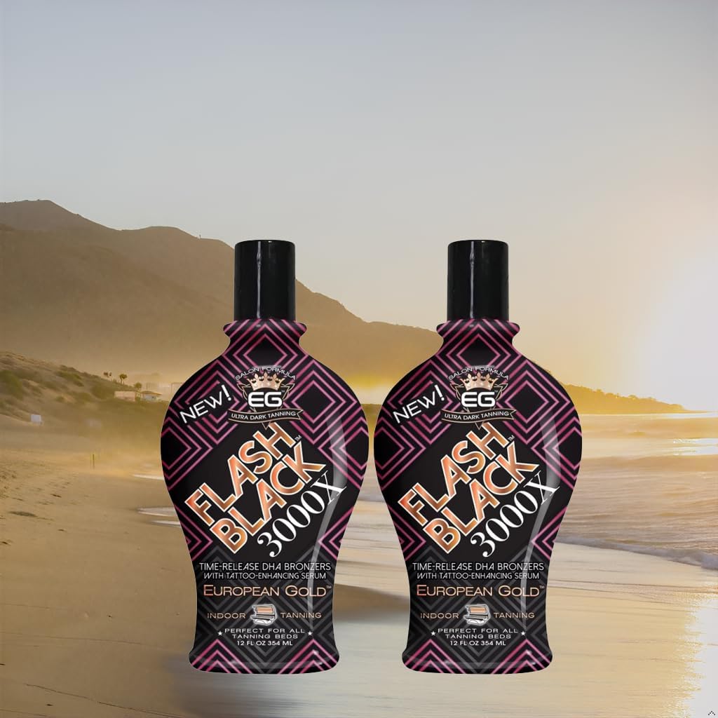 European Gold Flash Black 3000X time-release DHA bronzers illuminate gradual color development.