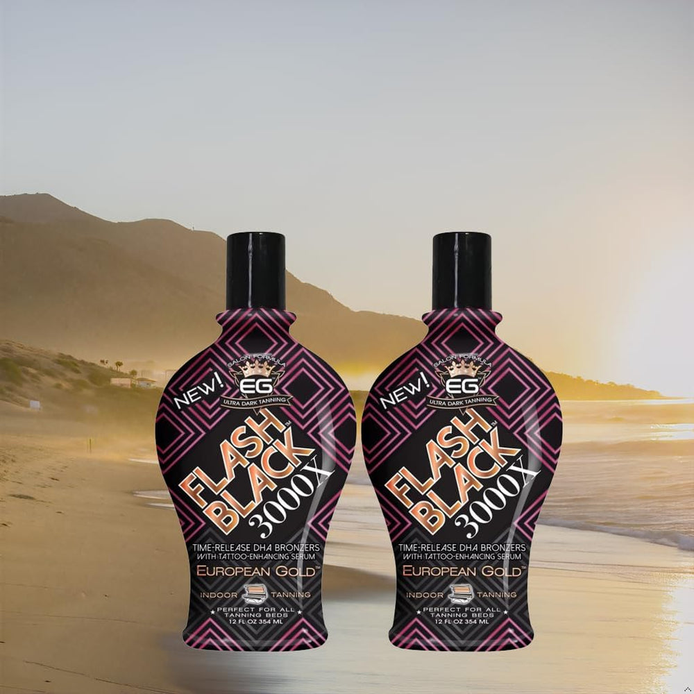 European Gold Flash Black 3000X time-release DHA bronzers illuminate gradual color development.