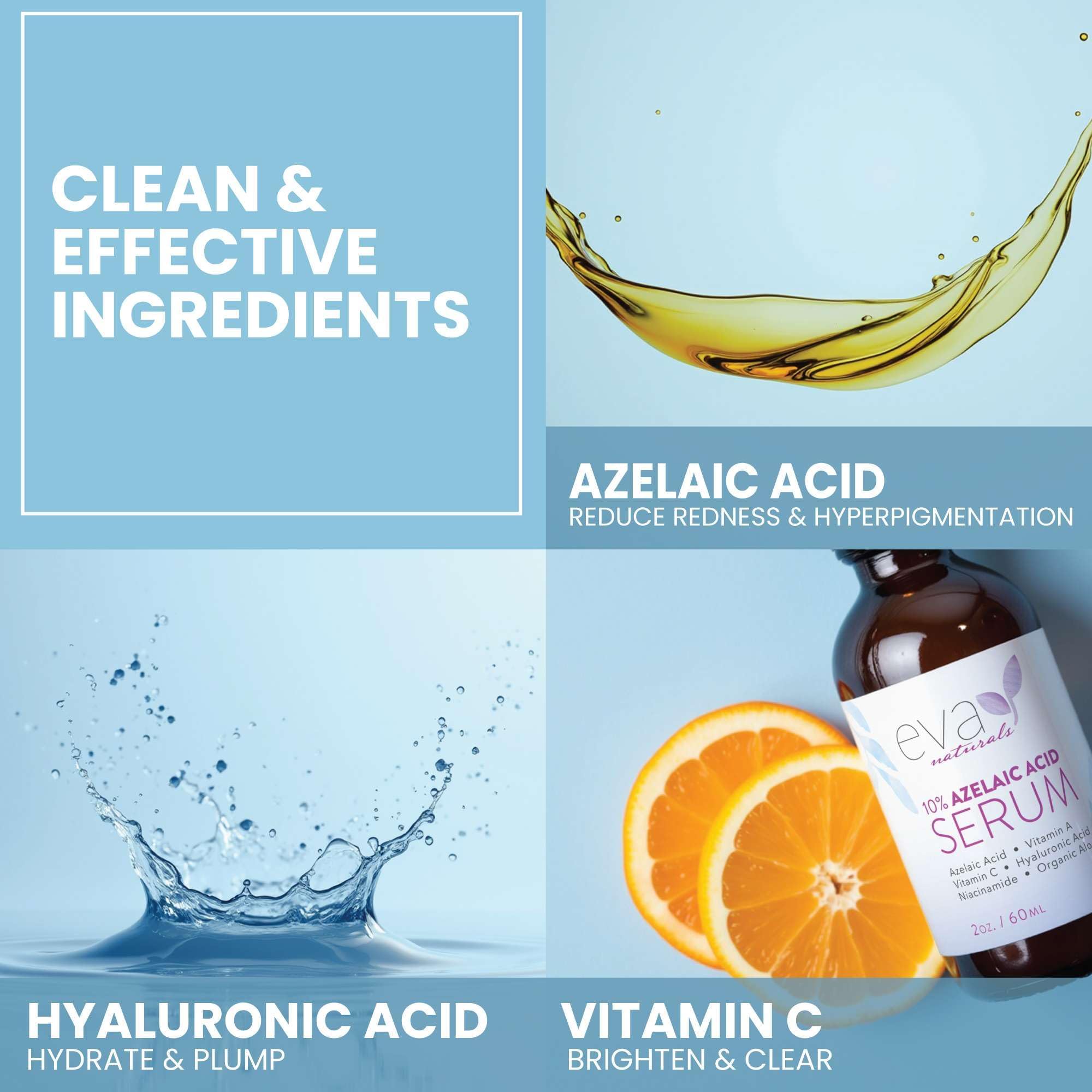 Eva Naturals azelaic serum application scene demonstrates daily skincare routine support.