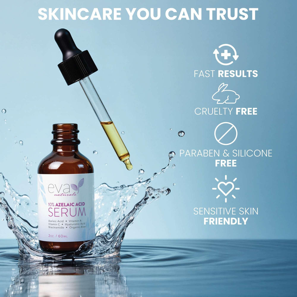 Eva Naturals azelaic serum before-after panel hints improved clarity and texture.