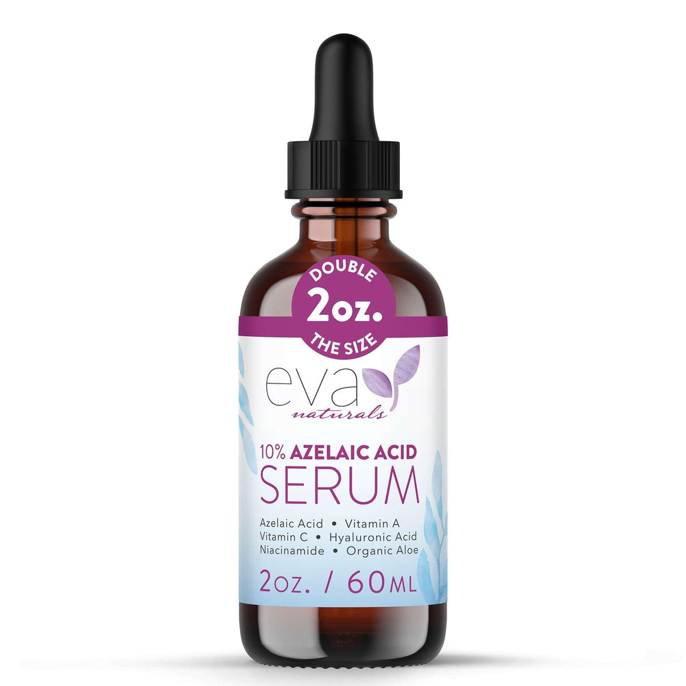 Eva Naturals azelaic serum bottle closeup suggesting calming, even-toned skin potential.