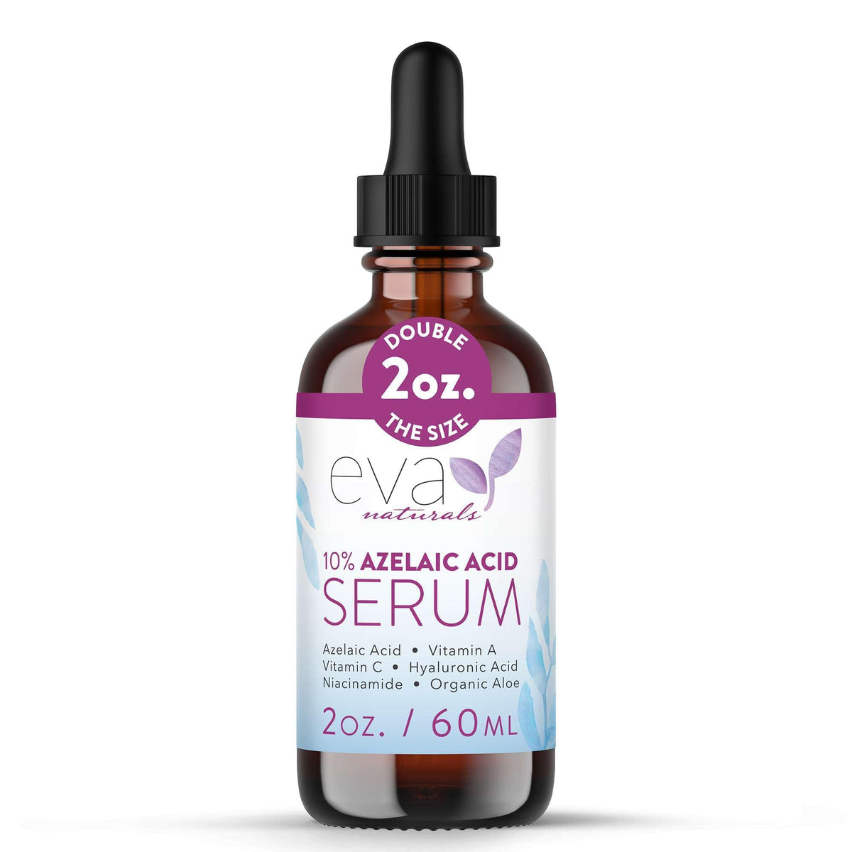 Eva Naturals azelaic serum bottle closeup suggesting calming, even-toned skin potential.