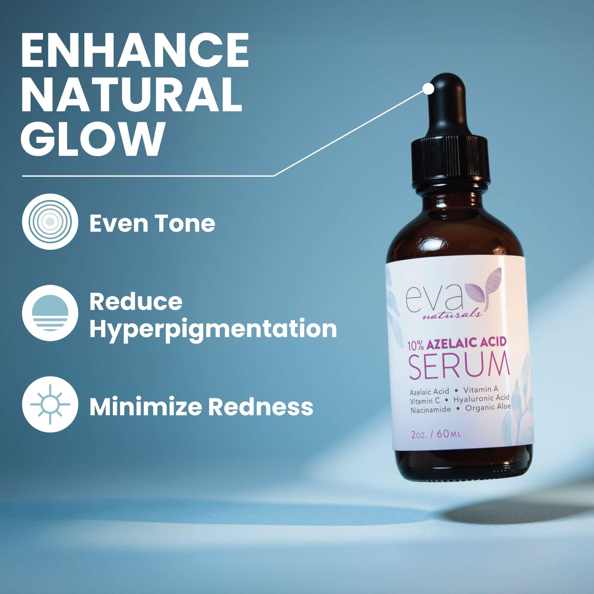 Eva Naturals azelaic serum dropper highlighting lightweight hydration for daily use.