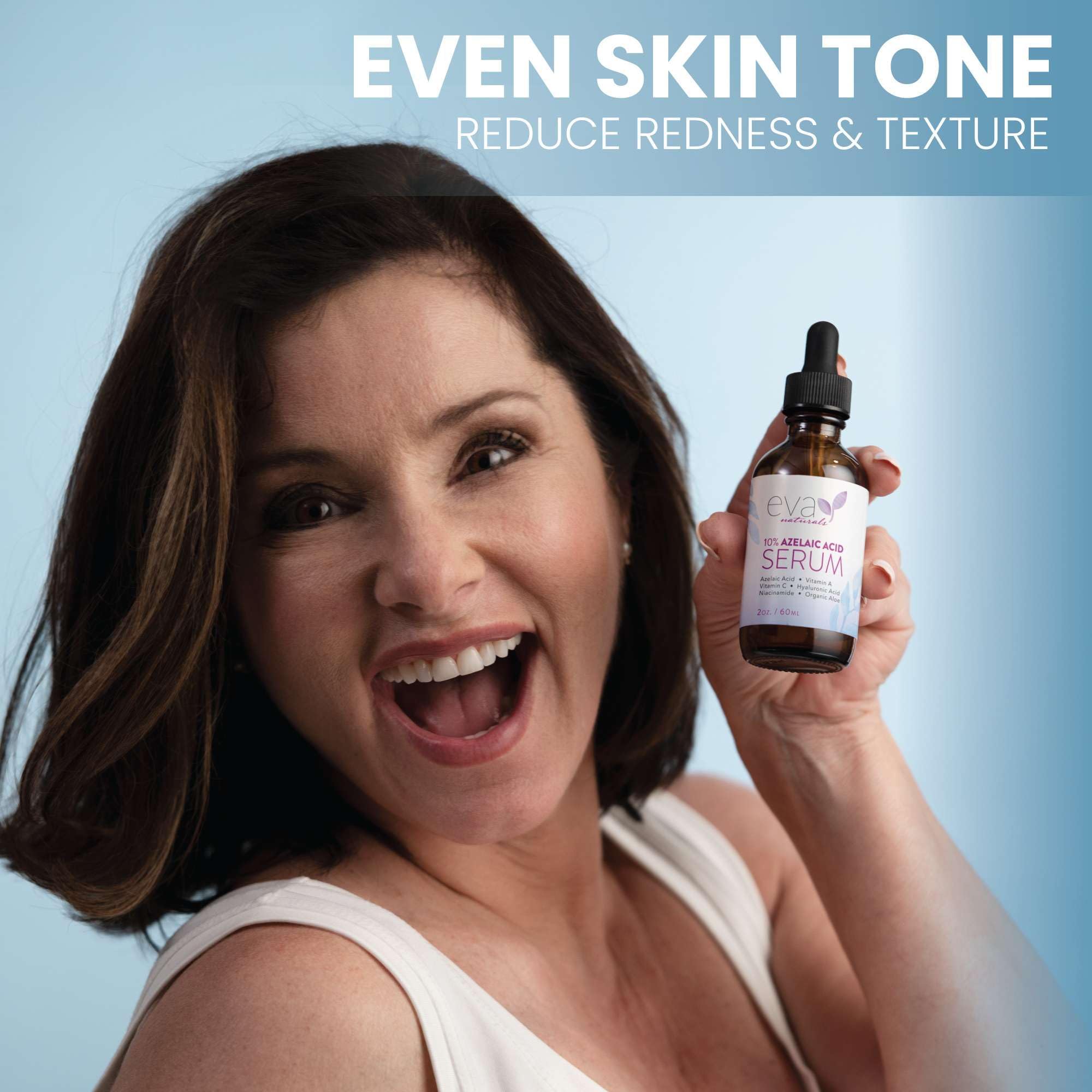 Eva Naturals azelaic serum hyaluronic acid image indicates lasting hydration.