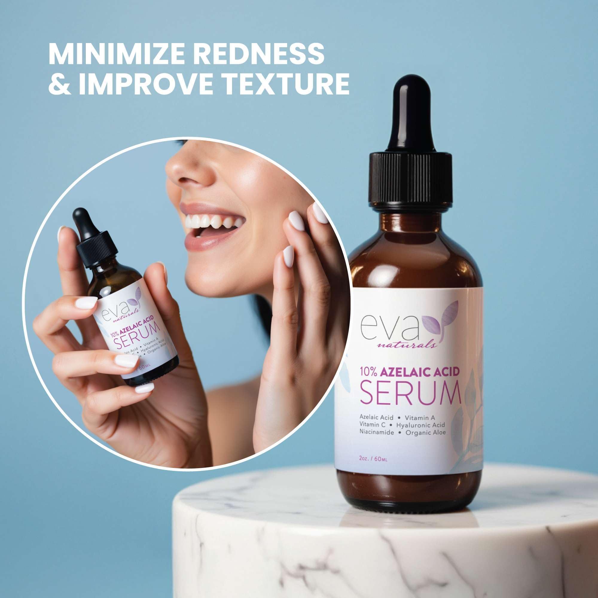Eva Naturals azelaic serum vitamin complex image hints at antioxidant support.