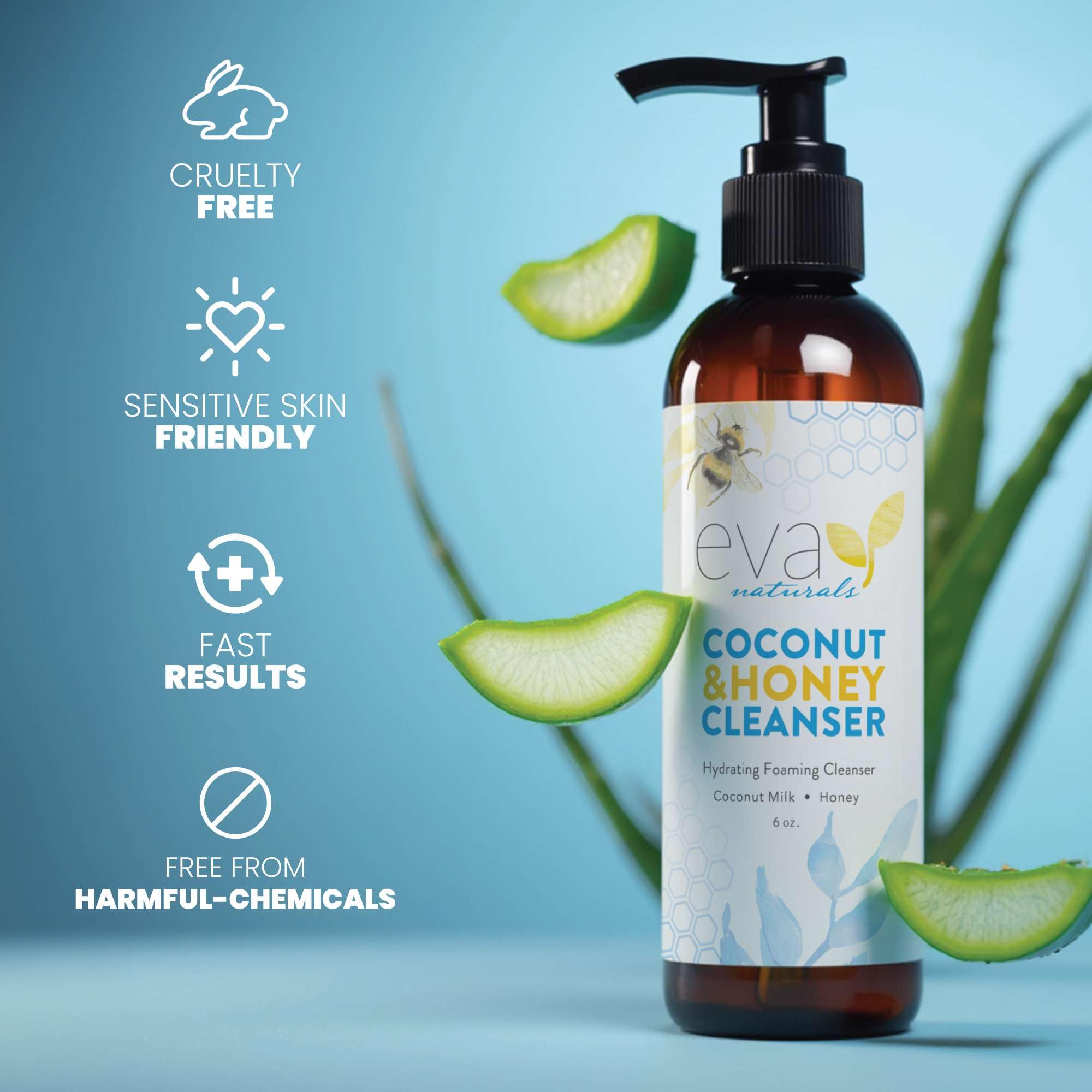 Eva Naturals Coconut and Honey Foaming Face Wash bottle pictured in a bathroom scene.