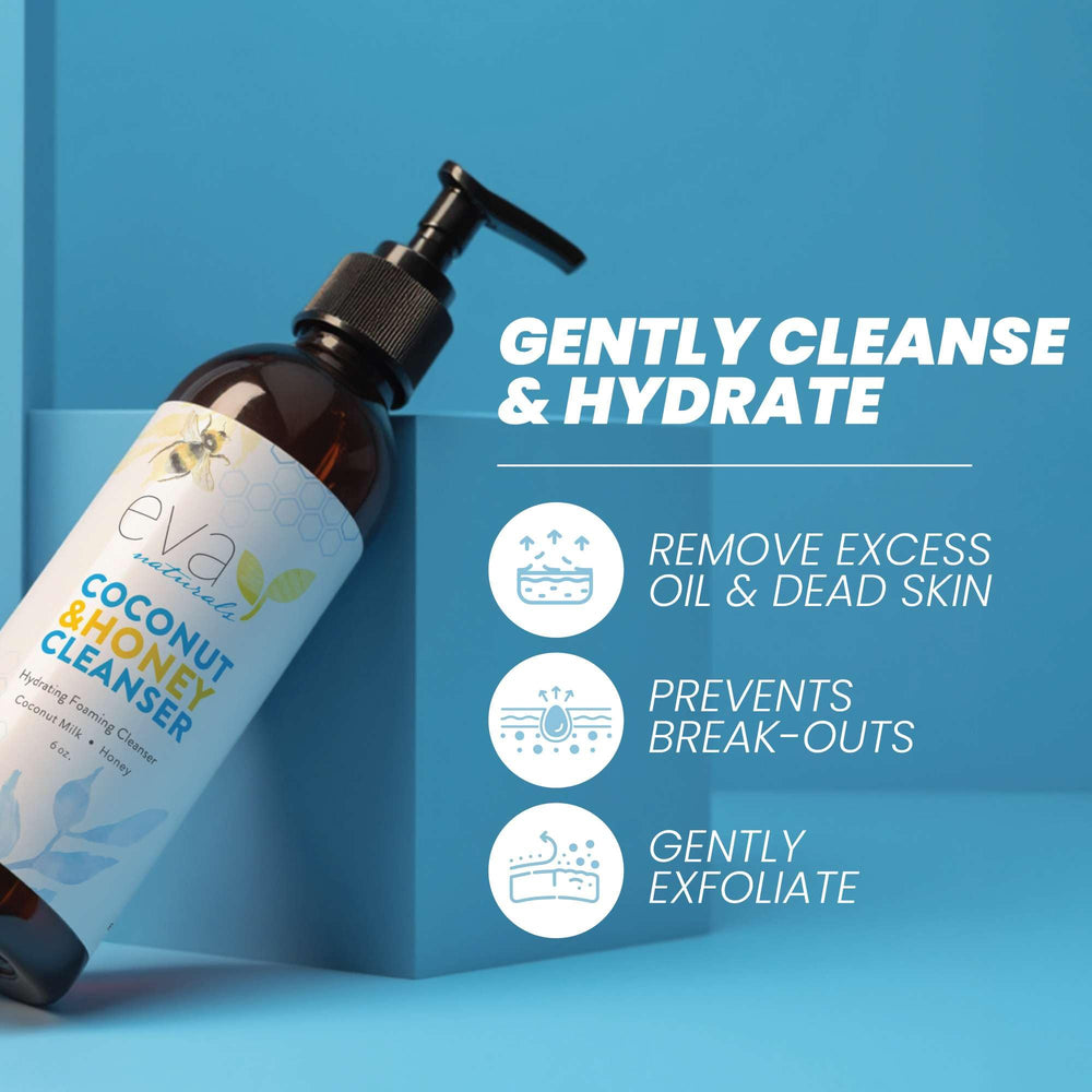 Eva Naturals Coconut and Honey Foaming Face Wash creamy foam close-up on skin.
