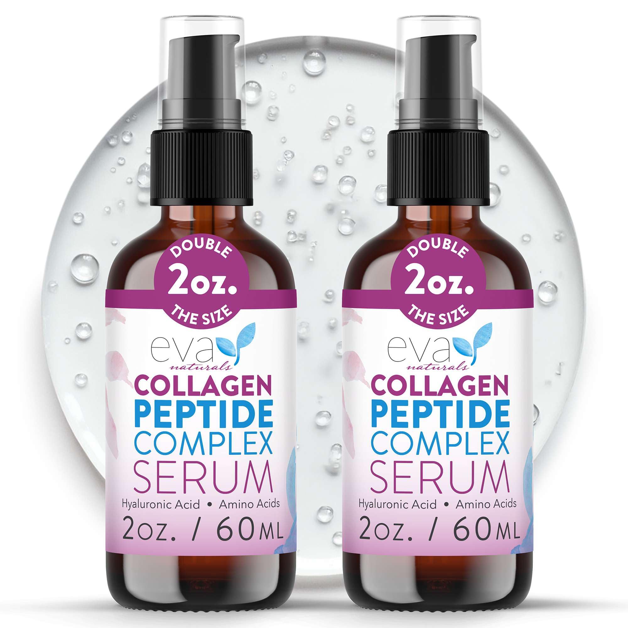 Eva Naturals collagen peptide serum bottle closeup highlighting hydrating formula for firmer skin.