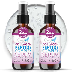 Eva Naturals collagen peptide serum bottle closeup highlighting hydrating formula for firmer skin.