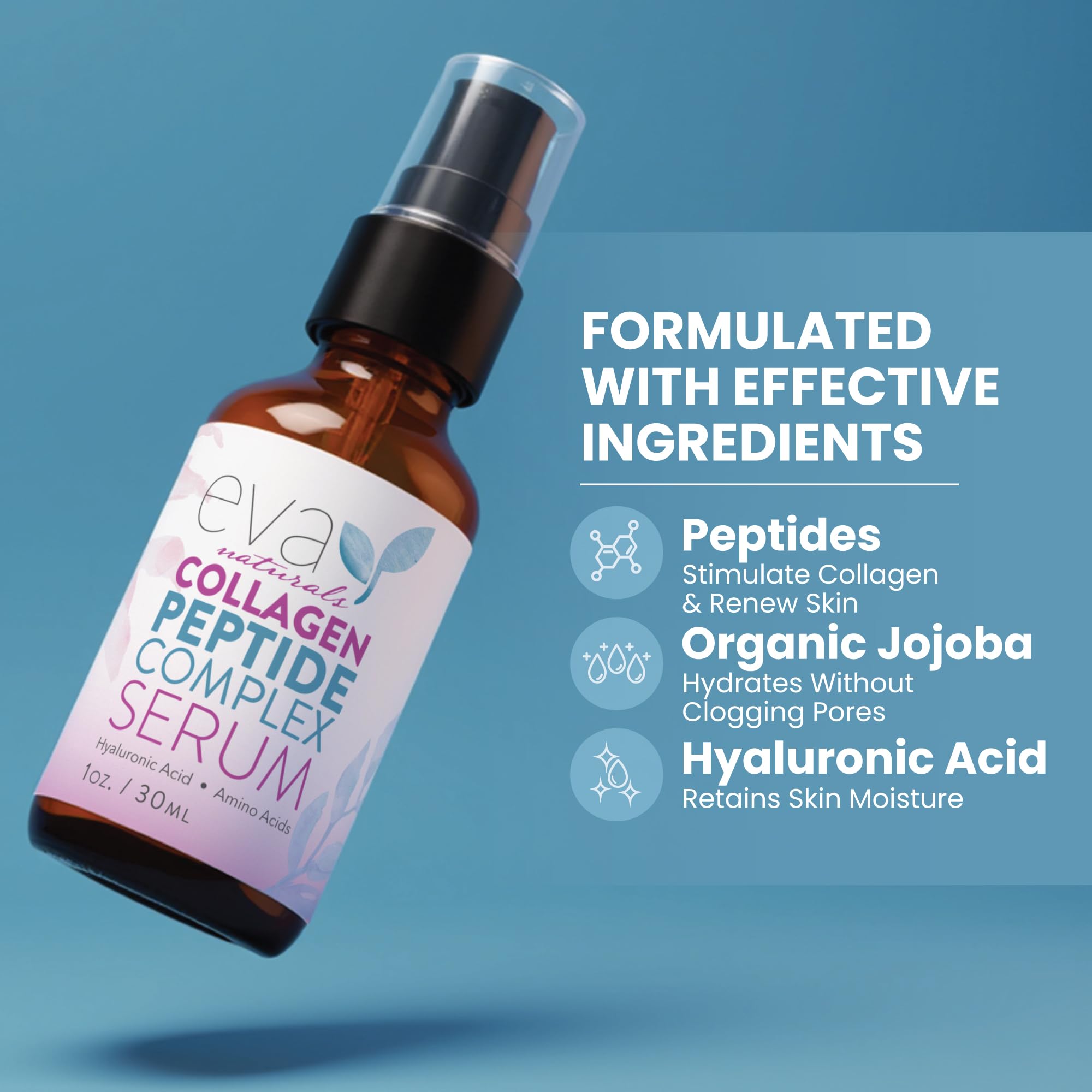 Eva Naturals collagen peptide serum used on face neck and décolleté for firmer feel