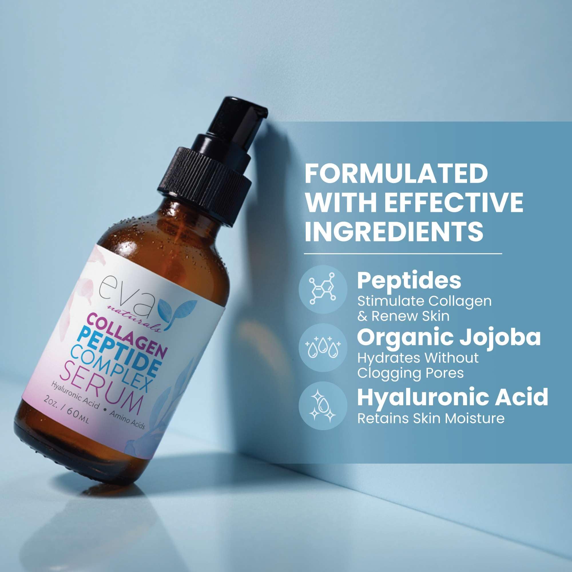 Eva Naturals Collagen Peptide Serum hyaluronic acid illustration emphasizes hydration.