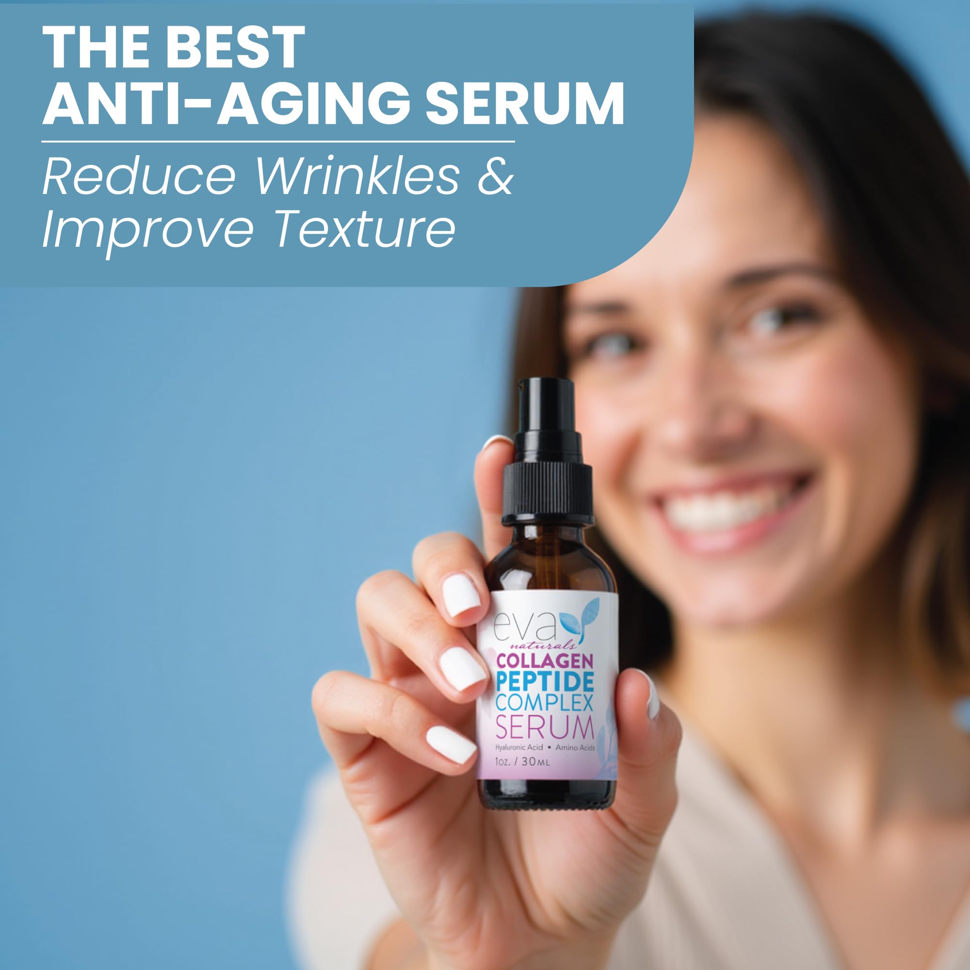 Eva Naturals collagen peptide serum applied to skin showing hydrated look
