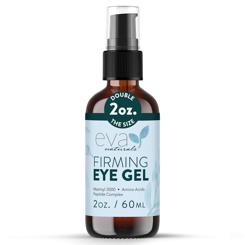 Eva Naturals Eye Gel bottle close-up delivering hydrating under-eye care.