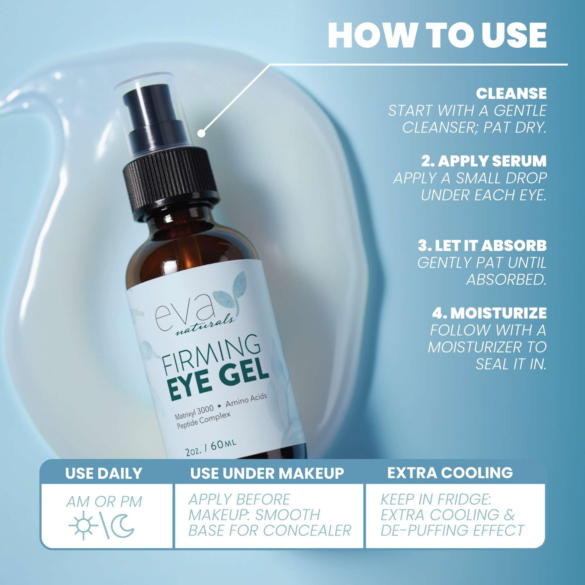 Eva Naturals Eye Gel ingredients like licorice and green tea brighten under-eye area.