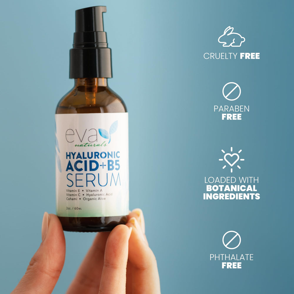Eva Naturals Hyaluronic Acid + B5 Serum anti-aging close-up suggests wrinkle resilience and renewed texture.