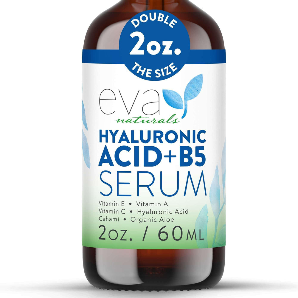 Eva Naturals Hyaluronic Acid + B5 Serum bottle delivers deep hydration for a soft, plump complexion.