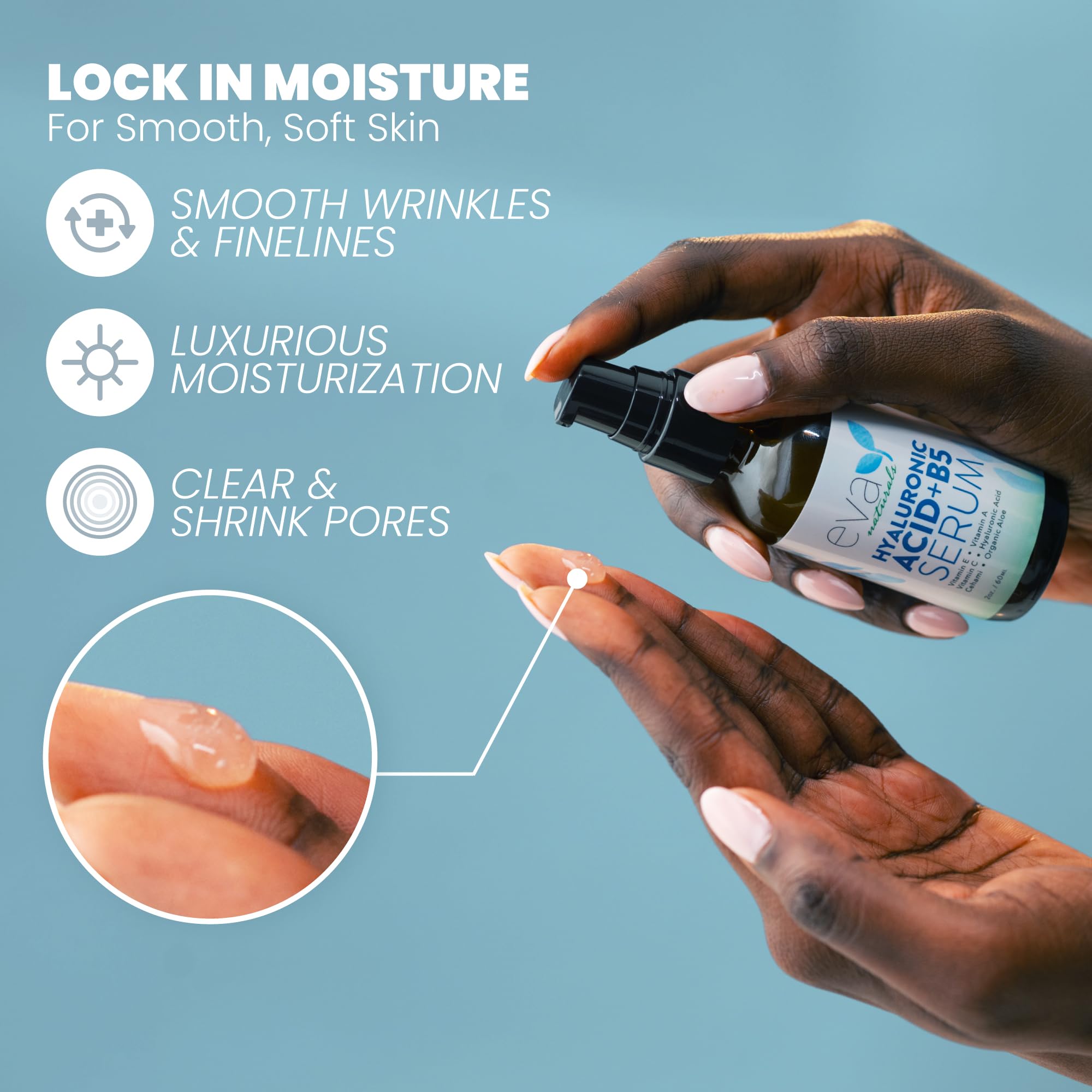 Eva Naturals Hyaluronic Acid + B5 Serum dispenser pump highlights quick absorption for day-to-day use.
