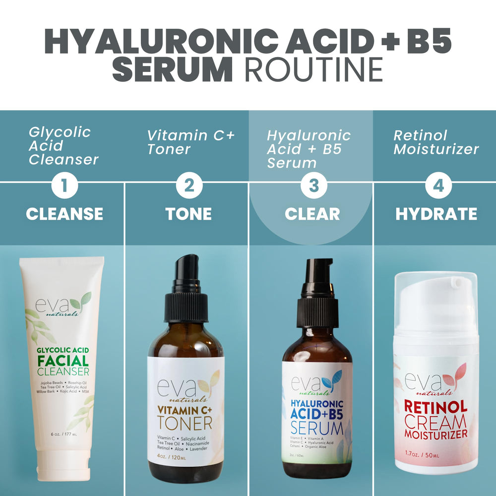 Eva Naturals Hyaluronic Acid + B5 Serum night routine scene implies consistent hydration overnight.