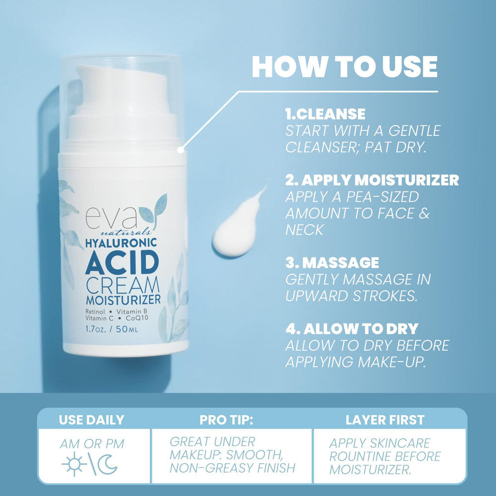 Eva Naturals Hyaluronic Acid Face Cream day night bottle for versatile daytime and nighttime hydration.