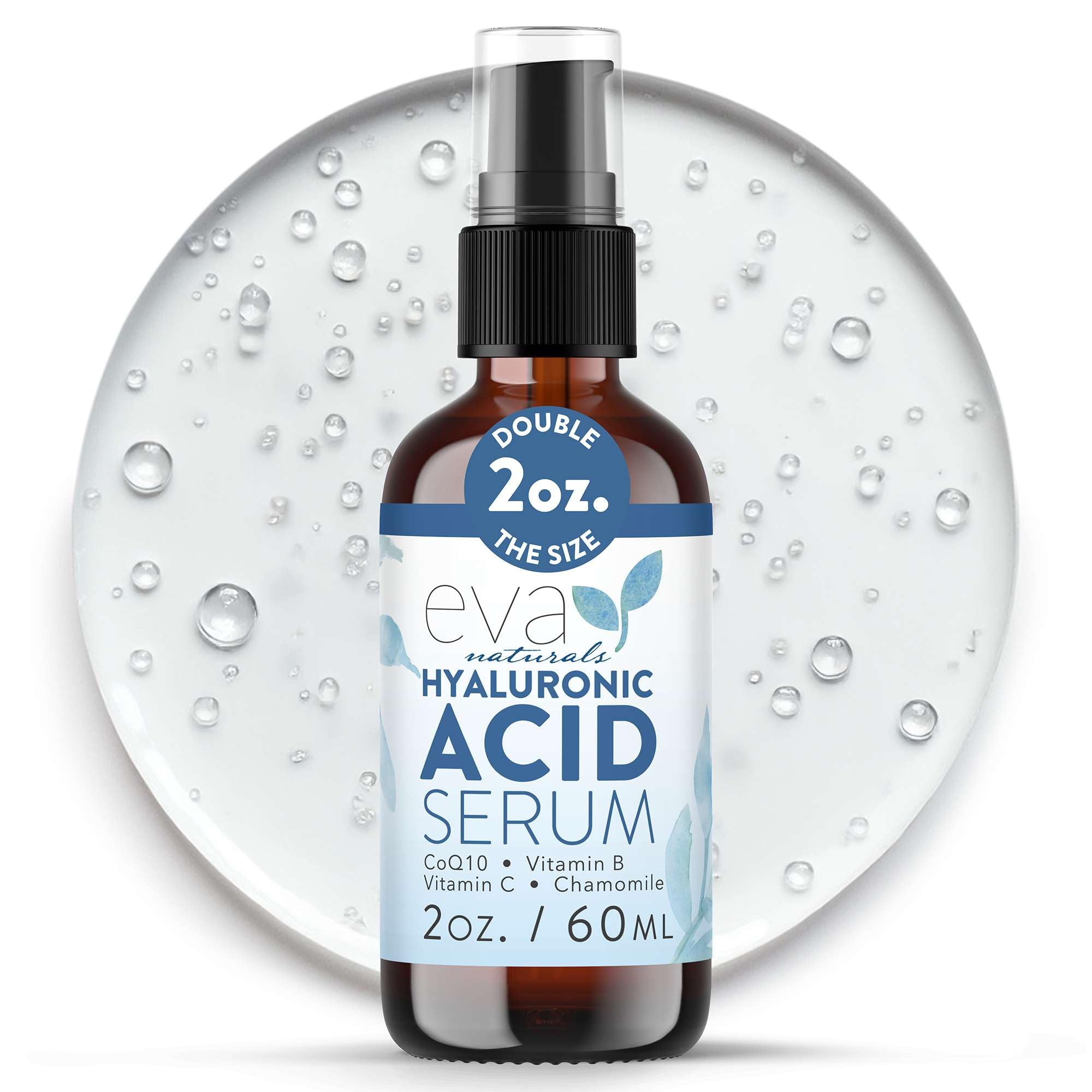 Eva Naturals Hyaluronic Acid Serum bottle front highlights plump, hydrated-looking skin.