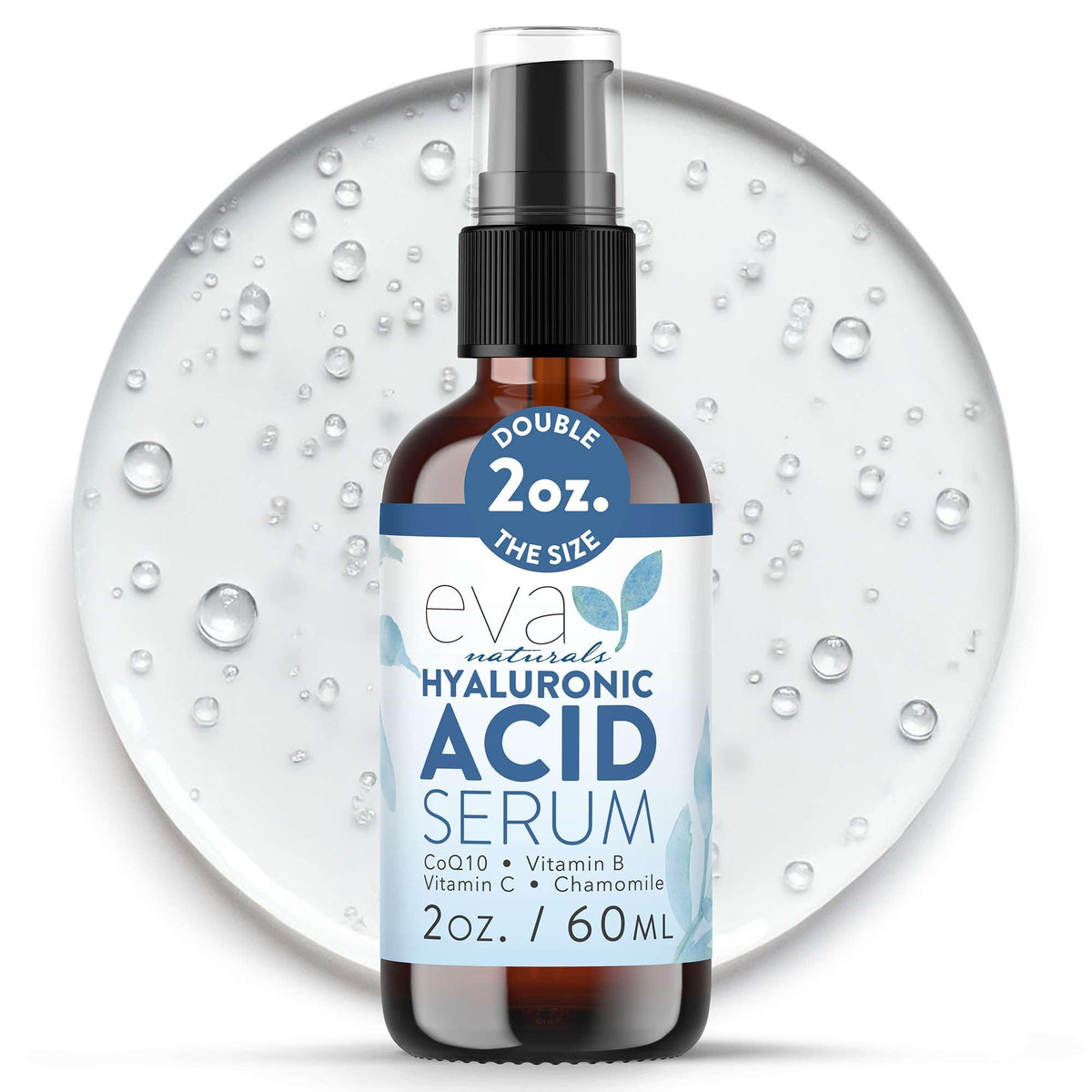 Eva Naturals Hyaluronic Acid Serum bottle front highlights plump, hydrated-looking skin.