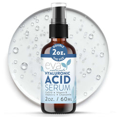 Eva Naturals Hyaluronic Acid Serum bottle front highlights plump, hydrated-looking skin.