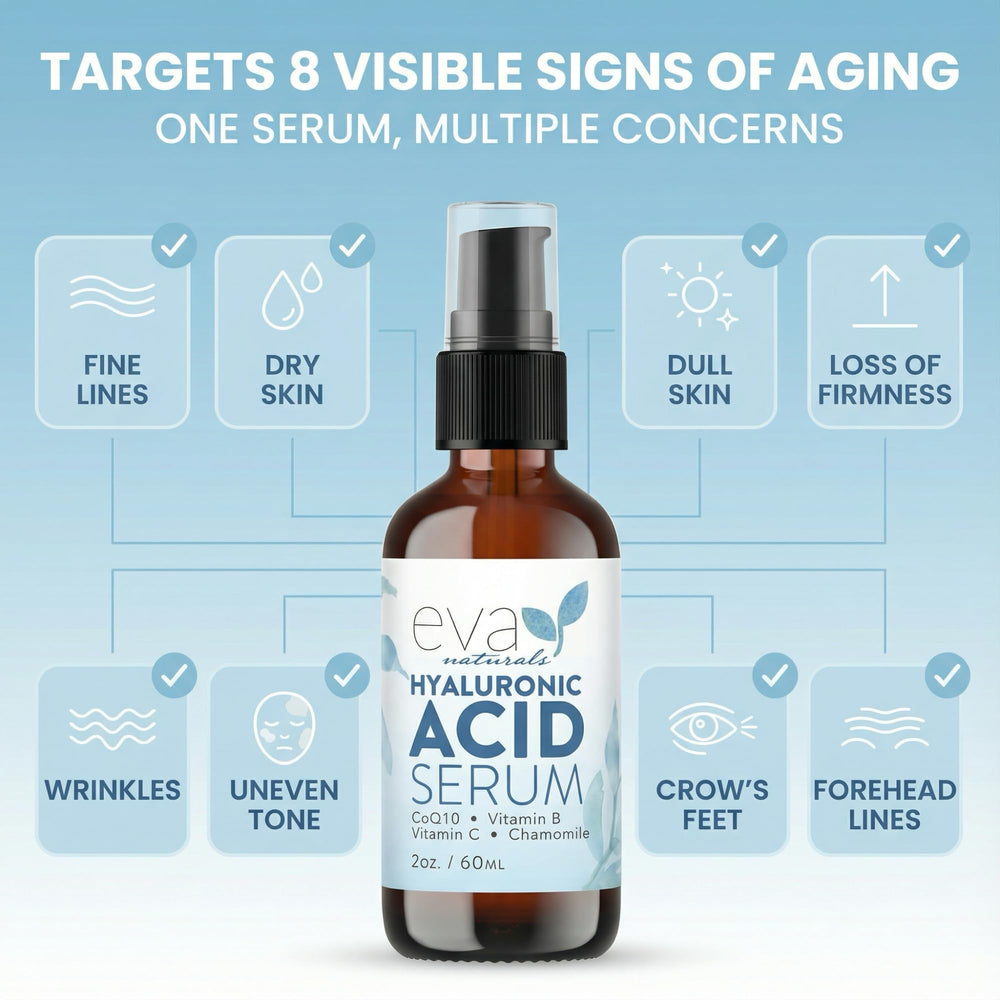 Eva Naturals Hyaluronic Acid Serum on damp skin demonstrates optimal absorption.