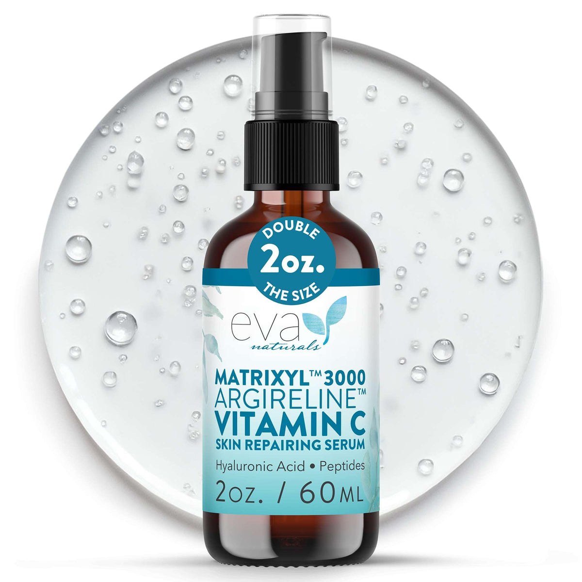 Eva Naturals Matrixyl 3000 Argireline serum bottle pump enables easy daily application.