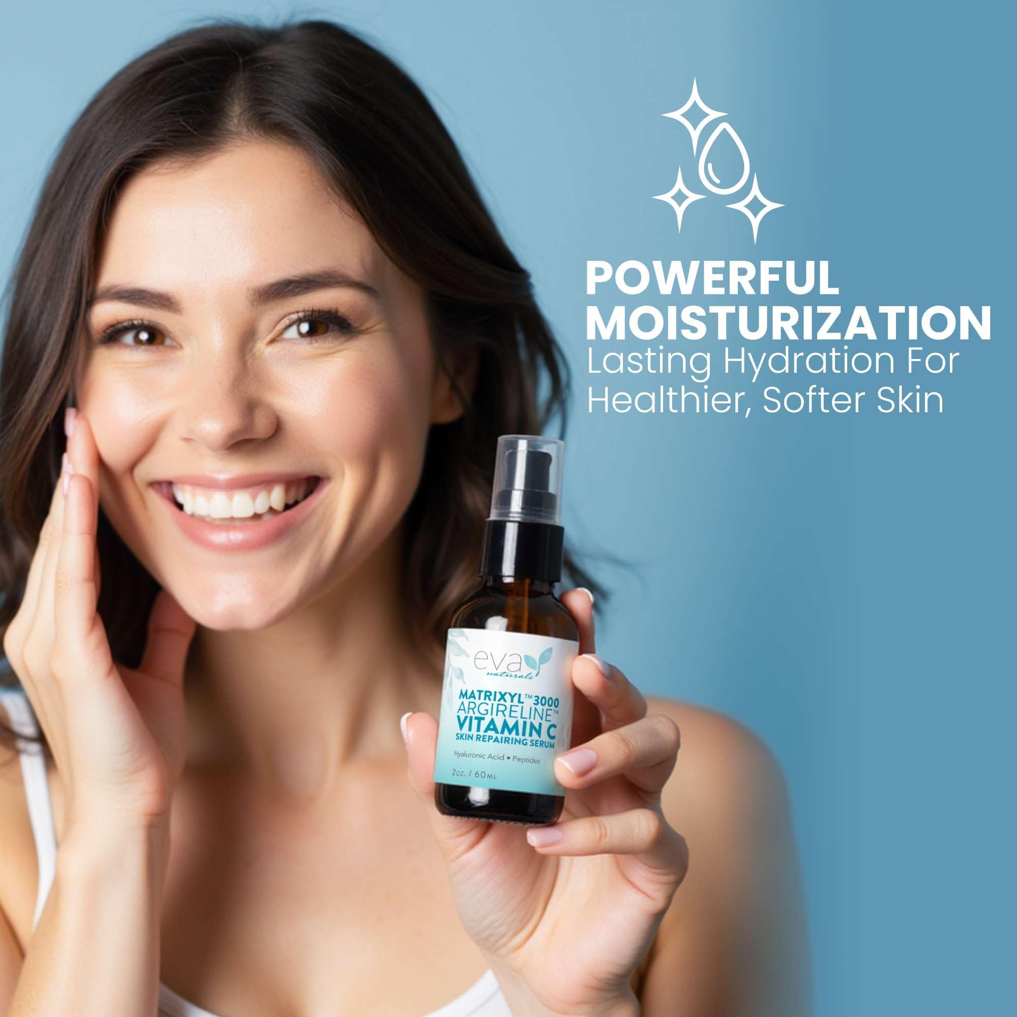 Eva Naturals Matrixyl 3000 Argireline serum close-up shows silky texture for quick absorption.