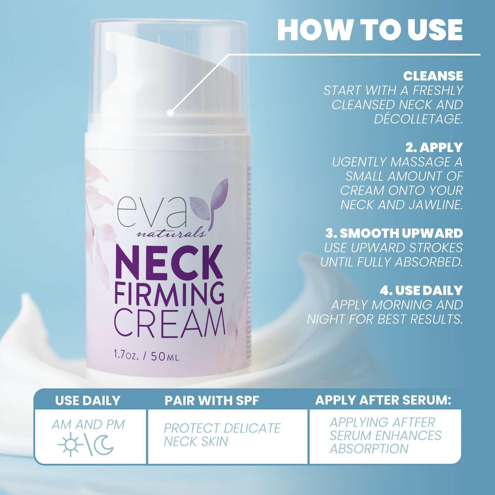 Eva Naturals neck firming cream bottle open view, signaling premium ingredients for care.