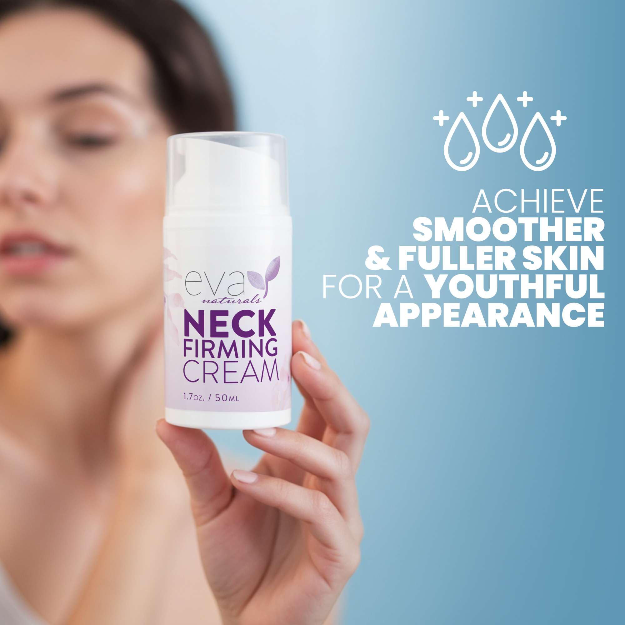 Eva Naturals neck firming cream on neck and décolleté, suggesting lifting and firming potential.
