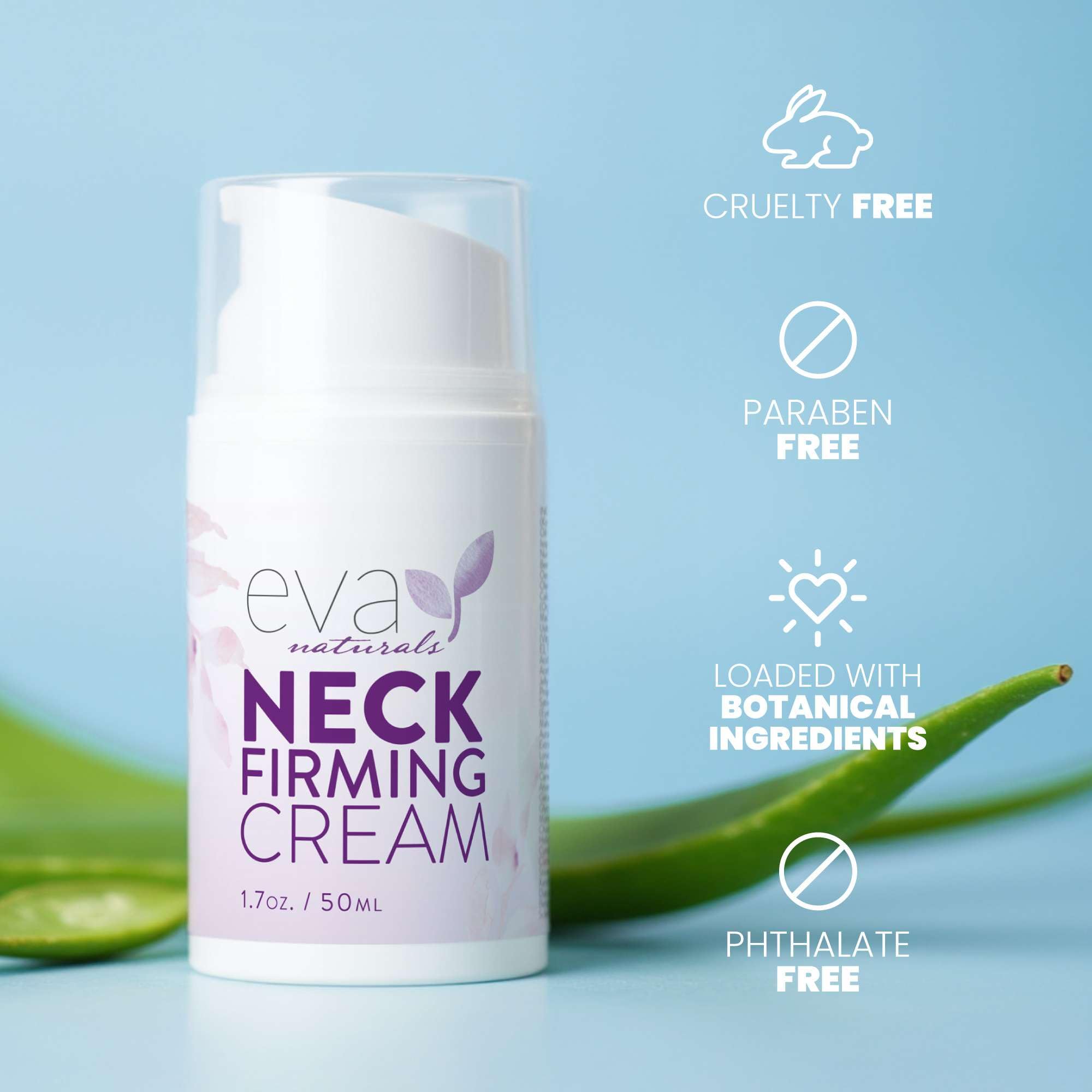 Eva Naturals neck firming cream texture with glow, suggesting hydration and radiance.