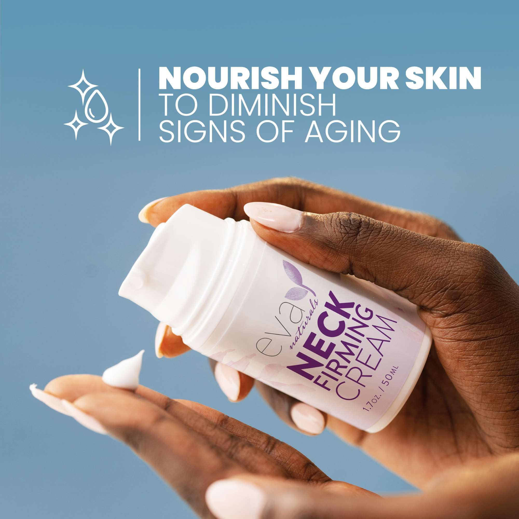 Eva Naturals neck firming cream nighttime routine scene, supporting rejuvenation and restful care.