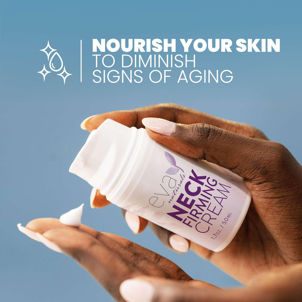 Eva Naturals neck firming cream nighttime routine scene, supporting rejuvenation and restful care.