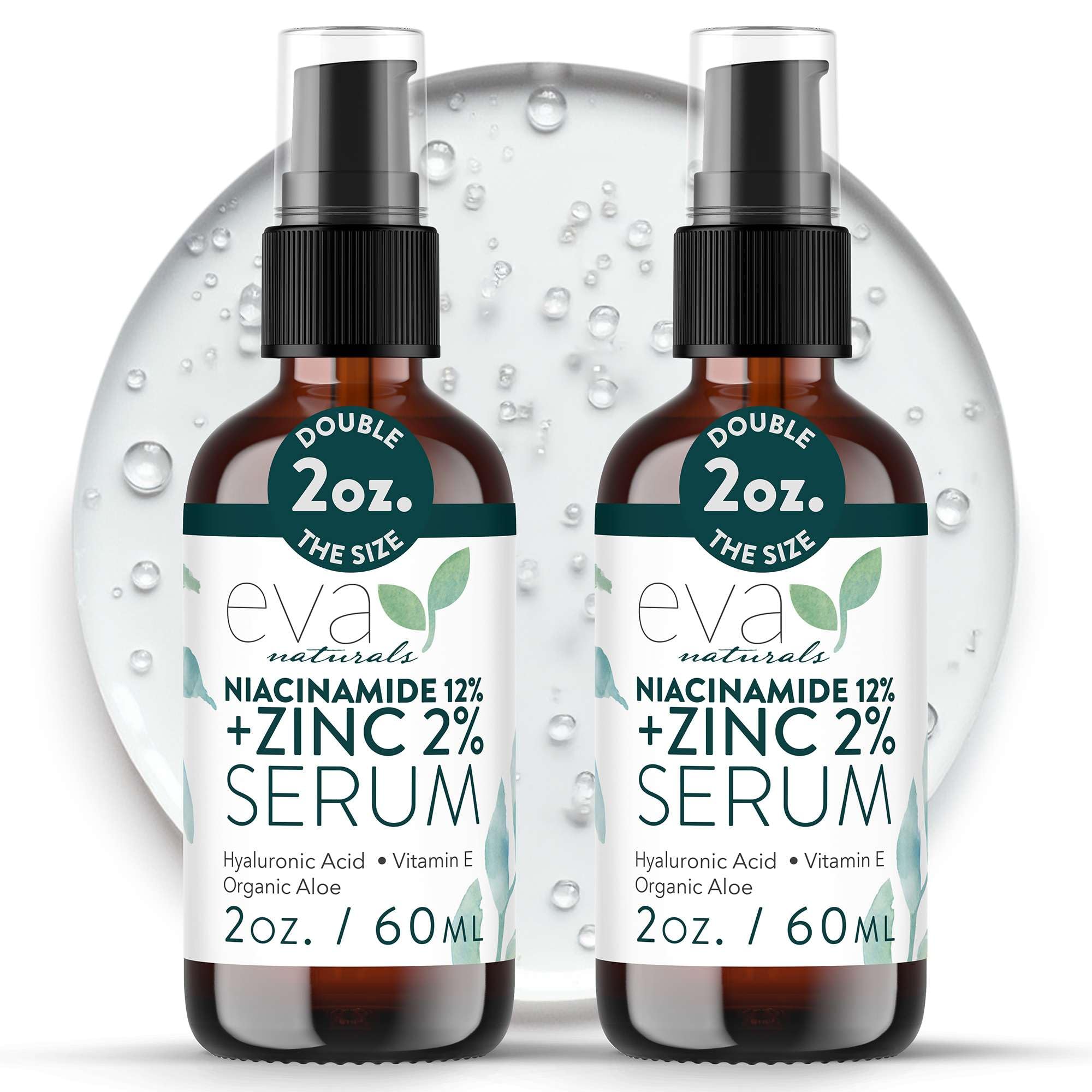 Eva Naturals Niacinamide serum bottle pour demonstrates oil balance and pore refinement.