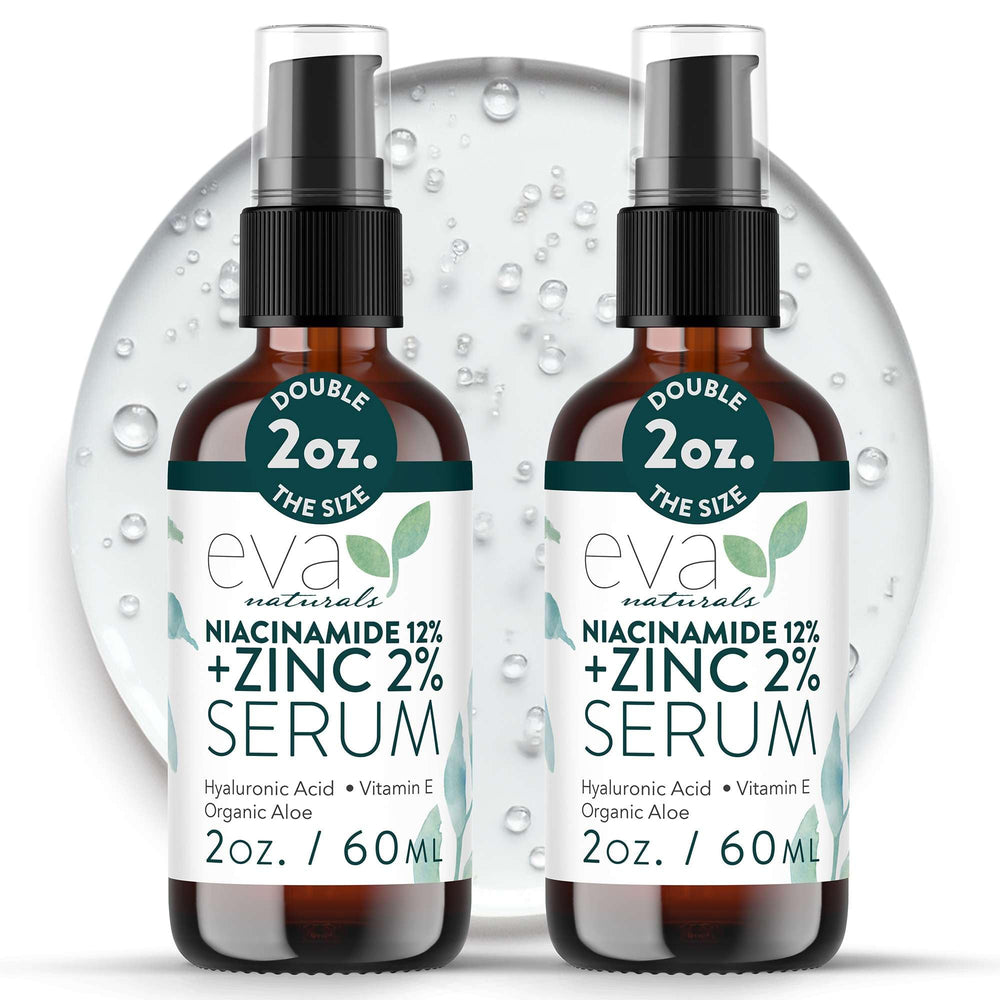 Eva Naturals Niacinamide serum bottle pour demonstrates oil balance and pore refinement.