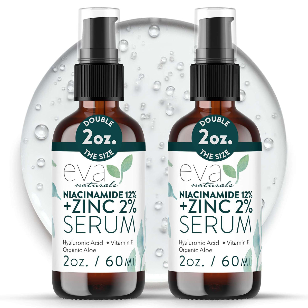 Eva Naturals Niacinamide serum bottle pour demonstrates oil balance and pore refinement.