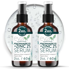 Eva Naturals Niacinamide serum bottle pour demonstrates oil balance and pore refinement.