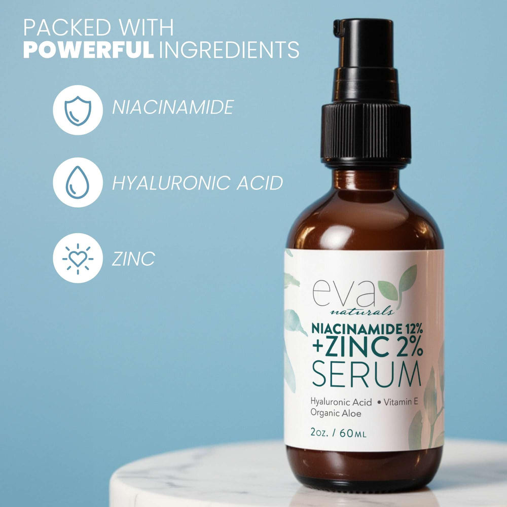Eva Naturals Niacinamide serum being massaged into skin for balance.