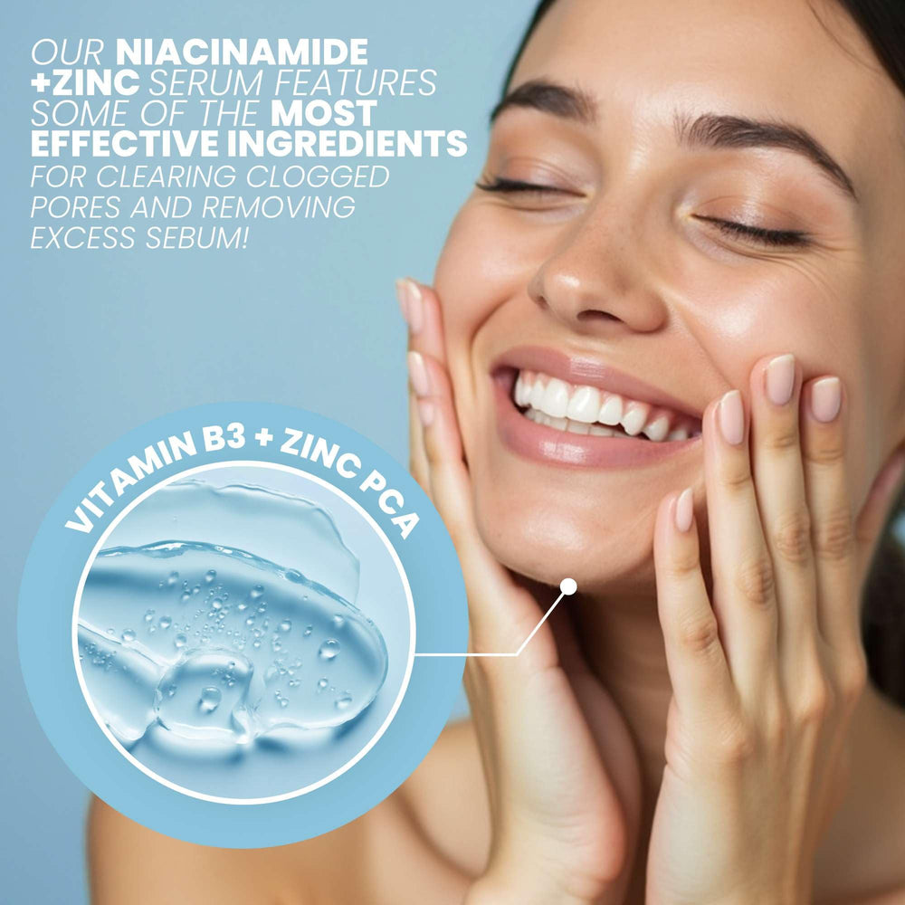 Eva Naturals Niacinamide serum dropper ready for quick, lightweight application.