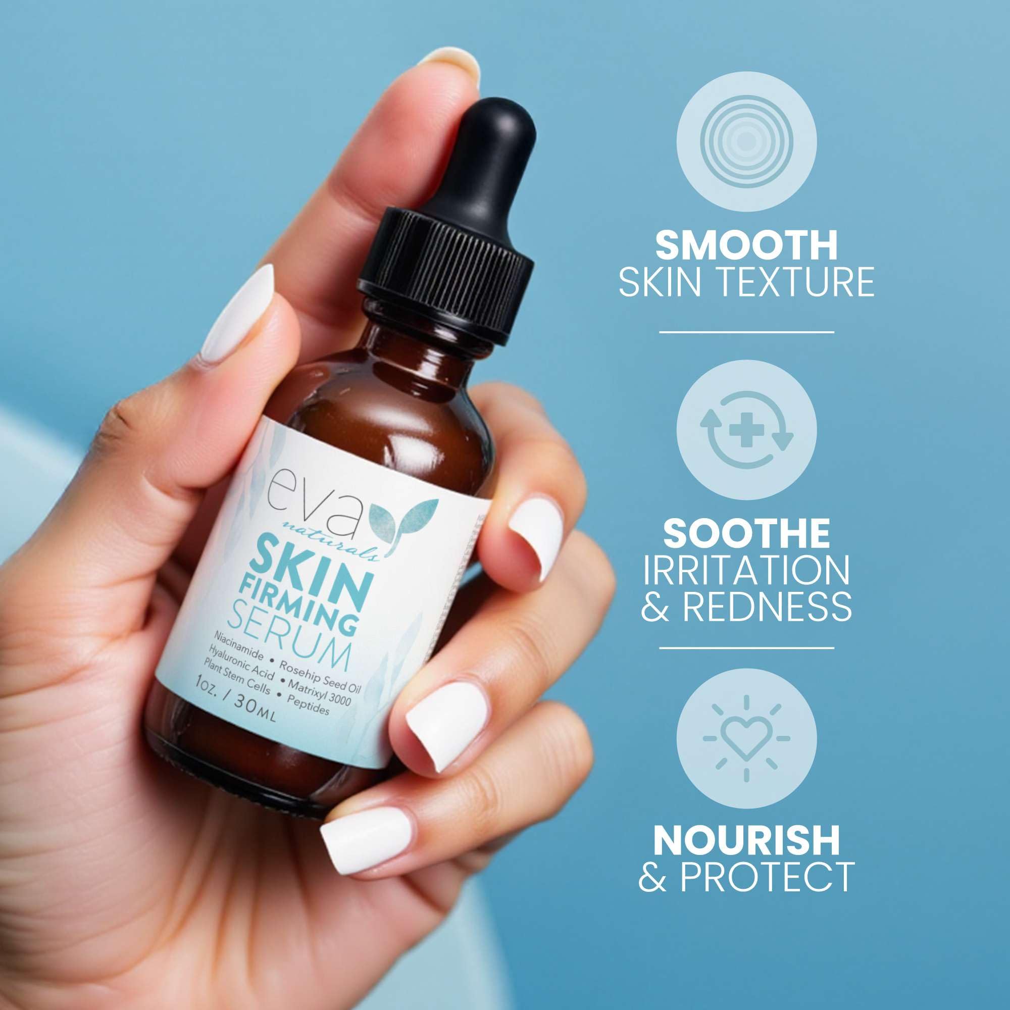 Eva Naturals Niacinamide serum texture on skin suggests even tone and refined pores
